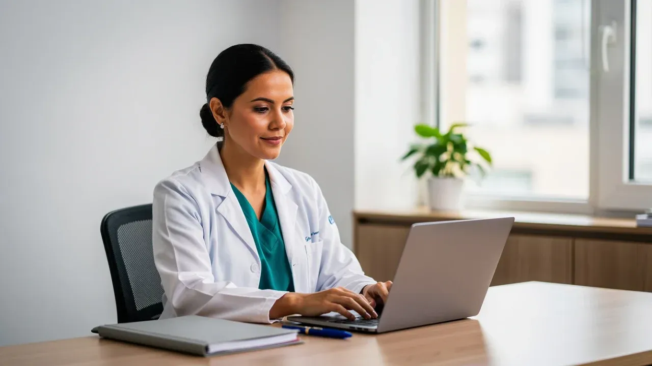 Médico em consultório organizando prontuários eletrônicos com segurança em um notebook