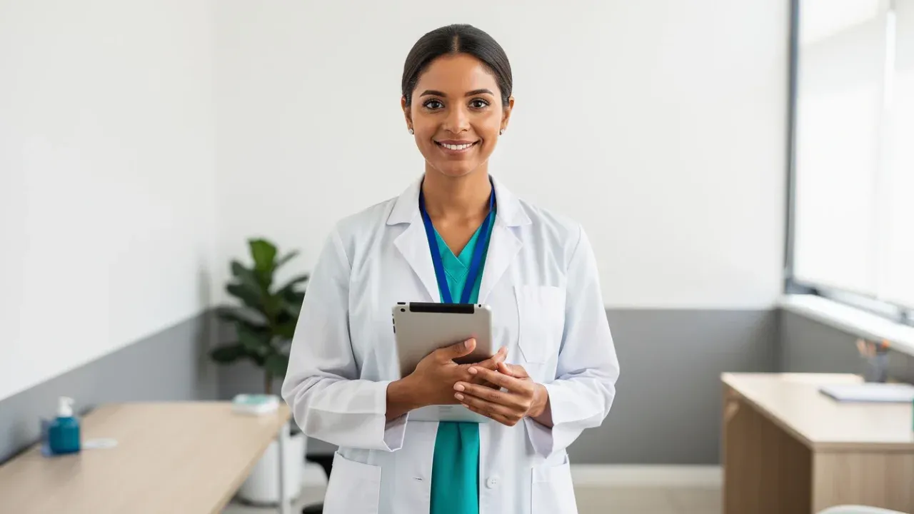 Médica jovem sorrindo em consultório moderno e claro, começando sua prática