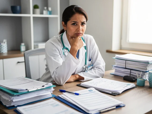 Doctor overwhelmed by paperwork